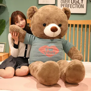 Large brown teddy bear plush toy with knit sweater, cute birthday gift and hugging doll for kids.