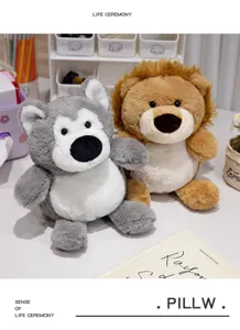 Bonitos peluches de husky y león de juguete suave, cojín de regalo de cumpleaños.