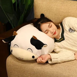 Simpatico cuscino peluche mucca grassa, morbida bambola animale nero e bianco per letto.