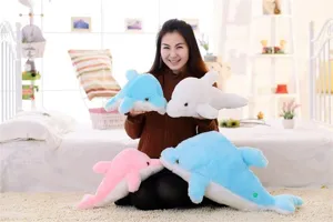 Cuscino peluche delfino luminoso, morbido giocattolo di peluche per bambini e camera.