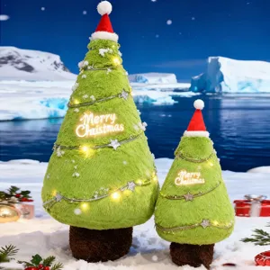 Christmas tree plush toys set with Santa hats and fairy lights, soft holiday home decor.