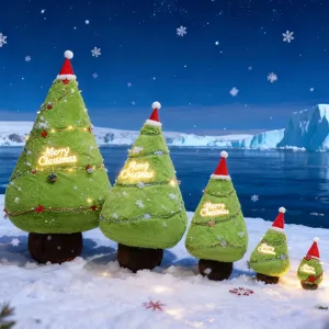 Christmas tree plush toy set with Santa hats and warm LED lights for holiday party decor.
