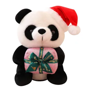 Cute Christmas panda plush toy holding a gift box, perfect holiday decoration and kids gift.