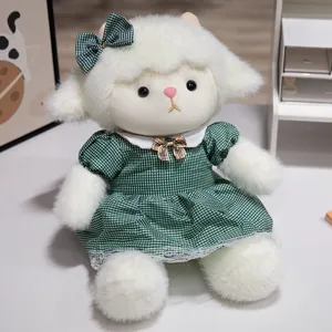 Soft green plaid dress lamb plush toy detail, cute stuffed animal doll for kids soothing and sleeping.