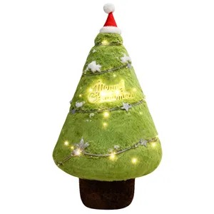 Plush Christmas tree toy with Santa hat, string lights and Merry Christmas sign for holiday decor.