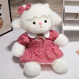 Cute plush sheep toy with red plaid dress, soft stuffed animal doll gift for kids, lovely decor.