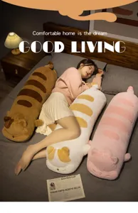 Cute bread cat long plush pillow soft striped cat body pillow for bed sleeping and hugging