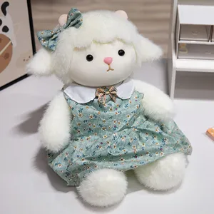 Cute white lamb plush toy with green floral dress soft stuffed animal doll for kids gift