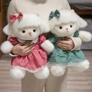 Cute plush sheep toy with plaid dress soft stuffed animal doll for kids and babies gift
