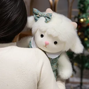 Cute floral dress plush sheep toy, soft huggable stuffed animal doll, perfect kids gift.