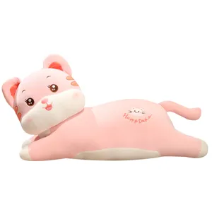 Pink long cat plush body pillow, cute lying cat stuffed toy for girls bedroom