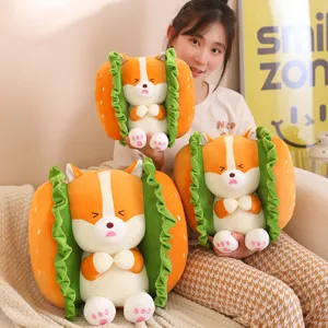 Cute Shiba Inu hamburger plush toy pillow, soft sandwich stuffed doll for kids and home decor.