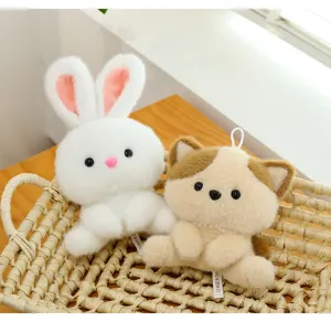 Cute plush animal desk companion set, soft stuffed rabbit and puppy toys in a woven basket.