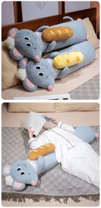 Cute cartoon mouse long plush body pillow with bread toy, soft bed sleeping companion for girls.