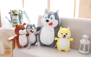Cute cartoon puppy plush doll detail scene, soft stuffed animal toys displayed on a cozy sofa.