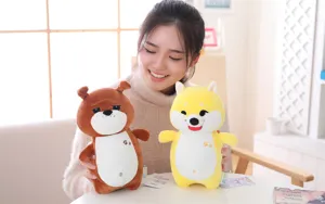 Soft plush dog toy detailed view, cute cartoon puppy doll for kids birthday gifts, cozy down cotton.