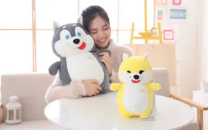 Detailed view showing soft plush stuffed dog toy hugging scene in a cozy room setting.
