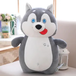 Detailed view of cute grey husky plush toy, soft fabric, fine paw embroidery and sweet face.