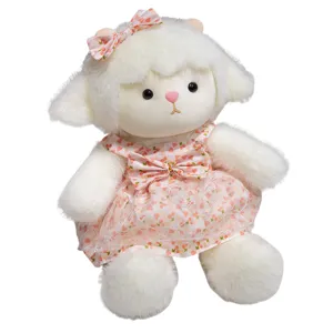 Cute plush toy lamb doll with pink floral dress soft stuffed animal for kids gift