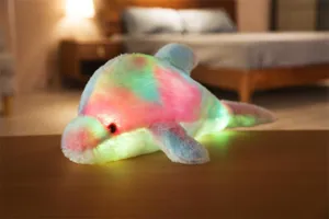 Cuscino in peluche delfino luminoso creativo, animale imbottito colorato per bambini.
