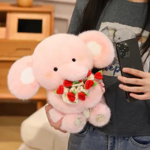 Mignon Éléphant Peluche Jouet Animal Farcit Tenant Bouquet de Roses Cadeau de Saint-Valentin Poupée Douce Décoration Maison