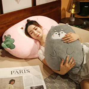 Cute plush animal pillow, large soft strawberry and husky bed cushion for girls bedroom decor.