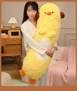 Cute long plush duck body pillow for girls sleeping, soft stuffed animal bed cushion detail.