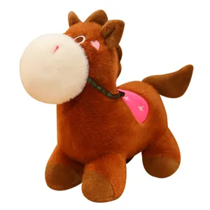Cute brown plush pony doll with large white snout and pink saddle, soft toy for kids.