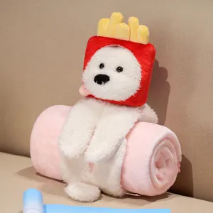 Cute kids roll blanket with adorable french fries bear plush toy portable soft flannel.
