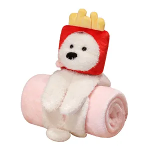 Cute plush bear hugging pink fleece roll blanket, perfect kids gift, travel companion, office nap.