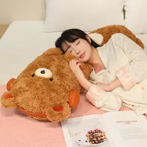 Cute brown plush bear long body pillow for girls sleeping, comfortable bed hugging bolster.