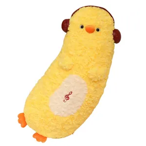 Cute yellow long plush duck body pillow with headphones and music note embroidery for girls bedroom