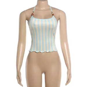Women casual striped halter crop top with beads, sexy summer slim sleeveless camisole.