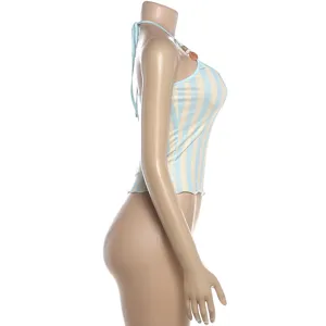 Blue beige striped halter tank top with chic bead detail, backless slim fit summer women's apparel.