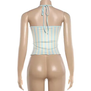 Women summer sexy halter backless slim fit striped print crop top streetwear fashion clothing