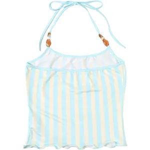 Summer women blue yellow striped halter beaded backless slim fashion casual vest top.