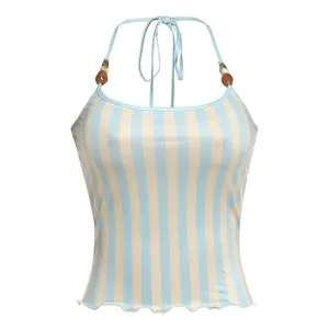 Sexy halter beaded striped tank top summer backless slim fit women fashion apparel detail