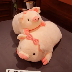 Cute pink lying pig plush toy doll, soft stuffed animal pillow for kids, cozy sleeping companion.