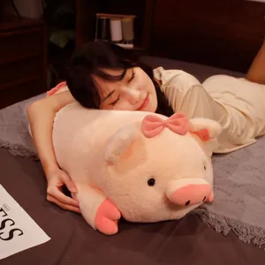 Cute pink lying pig plush toy soft stuffed animal doll pillow for kids sleeping soothing
