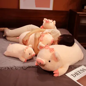 Cute pink lying pig plush toy soft stuffed animal hug pillow cute sleeping doll for kids