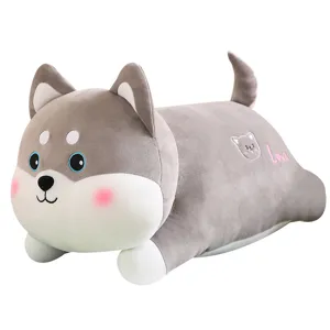 Cute lying husky plush toy long body hug pillow soft stuffed animal doll for bedroom