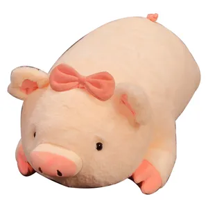 Cute pink lying pig plush toy doll, soft stuffed animal pillow for kids, comforting companion.