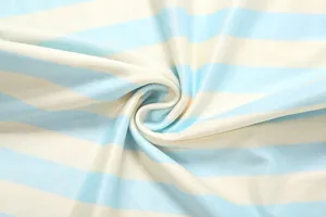 Close up view of the stylish blue and beige striped fabric detail showing fine soft texture.