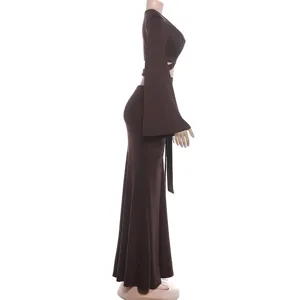 Solid color hollow out long flare sleeve top and slim ruched maxi skirt detail view