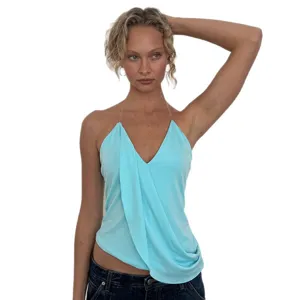 Καλοκαιρινό σέξι αμάνικο V-neck διαφανές λουράκι halter μόδα γυναικείο τοπ καλοκαίρι