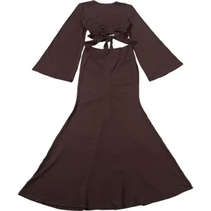 Dark brown cutout top and skirt detail, showing waist ties and pleated hem design.