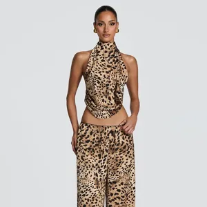 Leopard print halter top and low waist pants set, sleeveless backless summer outfit.