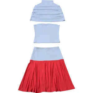Sommer Damen dreiteiliges Set mit gerafftem Schal, trägerlosem Top und farblich abgesetztem Rock.