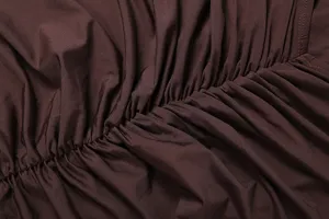 Brown fabric detail, slim fit ruched texture closeup for women's summer clothing set.