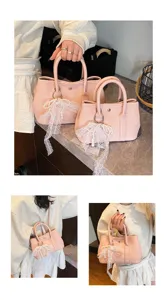 Rosa Lederhandtasche für Damen, süße Umhängetasche mit Perlen-Spitzen-Schleife, modische Freizeittasche.
